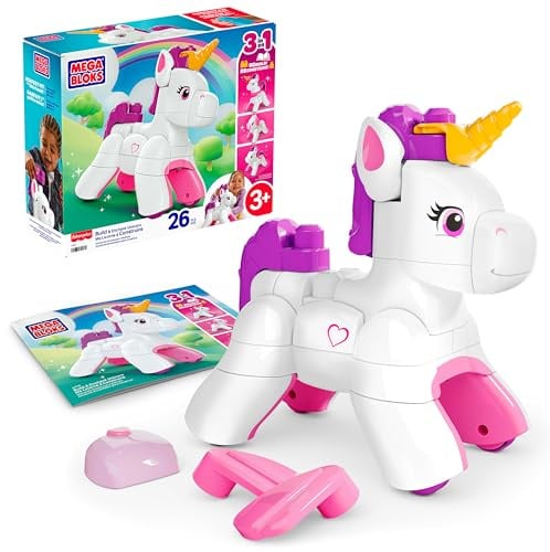 Mega Bloks Fisher-Price 3-in-1 BAU- und Zaubereinhorn Bausteine Spielzeug | 26 Teile, rollende Räder, umbaubar als Welpen & Pegasus, Vorschulkinder ab 3 Jahren, leicht zu bauen, JKG36