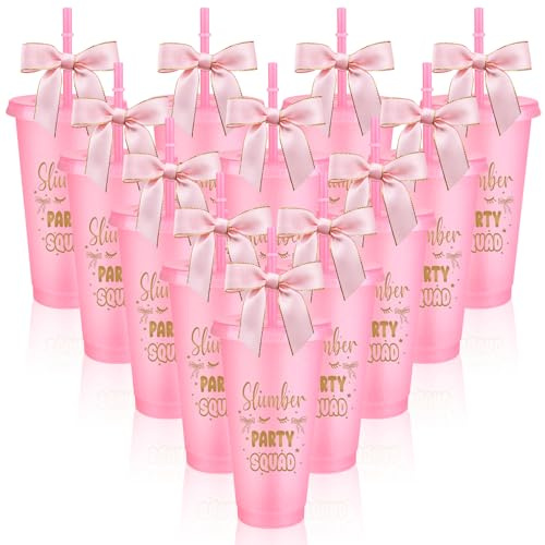 CNSJ Sleepover Party Supplies Sleepover Party Squad Cups with Lid Straw and Pink Bow Reusable Glitter Coffee Cup for Slumber Spa Pamper Birthdays (12, Pink)