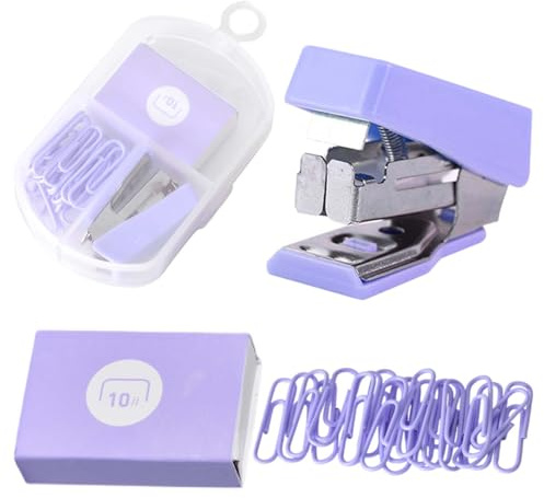 Engrapadora Mini 10# con 400 Grapas + 20 Clips - Set Portátil para Niños, Escuela y Oficina - Compacta, Ligera y Antióxido (Metal/Plástico) (Lavanda Violeta)