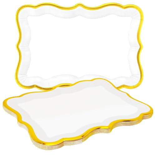 10 Pezzi Rettangolare Vassoio da Portata, Vassoio Carta con Bordo Dorato | 33x23cm Vassoio Carta, Cartoncino Rinforzato, Bordo Dorato Elegante, Vassoio da Portata per Feste Matrimoni Buffet Compleanni