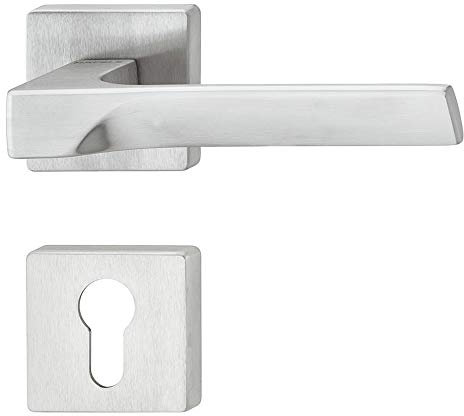 JUVA Drückergarnitur Messing Türbeschlag Chrom matt | 1 Stück Türgriff Zimmertür - LDH 3205 | PZ - Zylinder | Drücker-Paar mit eckiger Rosette | Design Türdrücker-Garnitur für Innentüren mit Schrauben