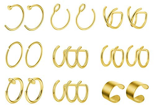 Mayhoop 8 Paar Ear Cuff Gold Edelstahl Ohr Manschette Nicht Piercing Clip auf Knorpel Ohrringe Fake Nasenpiercing Nasenring Fake Helix Lippenpiercing für Männer Damen