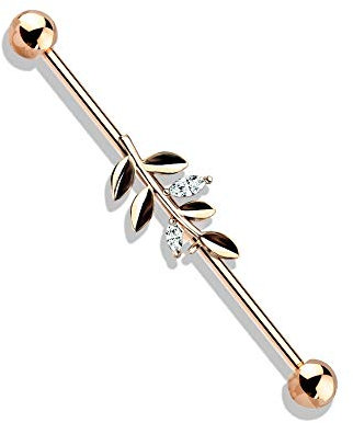 eeddoo® Industrial Piercing-Stab Barbell aus Edelstahl im Natur Design Zweig mit Kristallen ((2) Rosegold)