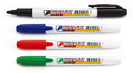 CROWN WB505 Drywipe Pens Bullet Tip - Pen Style Markers - Wallet Of 4 - Dry Erase Ink - Black, Red, Blue & Green - 2mm Line