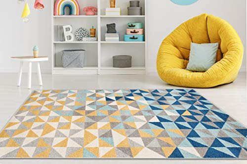 Carpeto Rugs Teppich Wohnzimmer Kurzflor Grau Modern Geometrisch Rauten Muster - Niedrigflor Teppich für Wohnzimmer Jugenzimmer Kinderzimmer/Öko-Tex Pastell Grau Gelb Türkis 120 x 170 cm