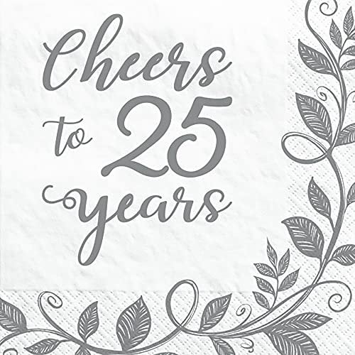 Amscan 502502 25th Anniversary Beverage Napkins | Paper | Silver | 16 Pcs