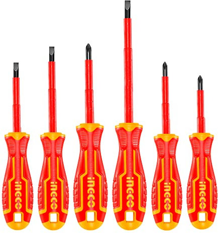 INGCO Set di cacciaviti isolati 6 pezzi con telaio in alluminio, cacciavite elettrico, certificazione VDE 1.000V, qualità professionale, HKISD0608