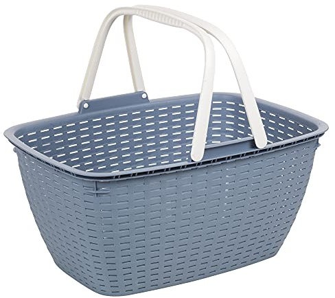 3 Colour Plastic Rattan Shopping Storage Carrying Basket Box with Folding Handle (Blue)