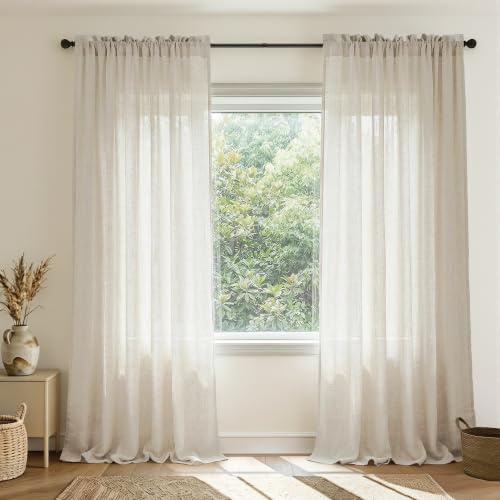 Leinenvorhänge aus Flachs, 244 cm lang, für Esszimmer, 2 Paneele mit Stangentasche, lichtfilternd, leicht, schlicht, beige, halbtransparent, für Wohnzimmer, Schlafzimmer, Erkerfenster, Strand, Küste