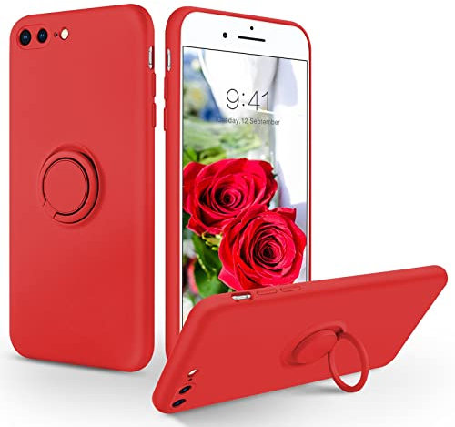 SouliGo for iPhone 8 Plus/7 Plus Case Silicone Gel 360° Ring Holder Kickstand Magnetic Car Mount Soft Rubber Anti-Scratch Slim Protective Phone Cases for iPhone 7/8 Plus 5.5- Red