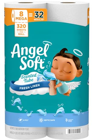 Angel Soft Toilet Paper with Fresh Linen Scented Tube, 8 Mega Rolls = 32 Regular Rolls, Soft and Strong Toilet Tissue