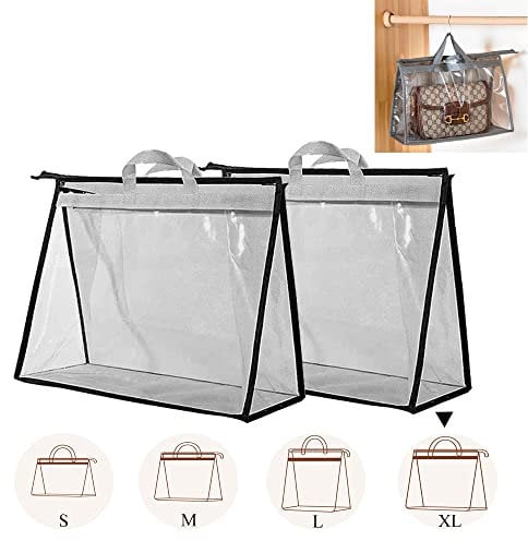 2PCS Dust Bags for Handbags Clear Purse Storage Organizer Non-Woven Hanging Bag Closet with Zipper and Handle (X-Large,Grey Color)