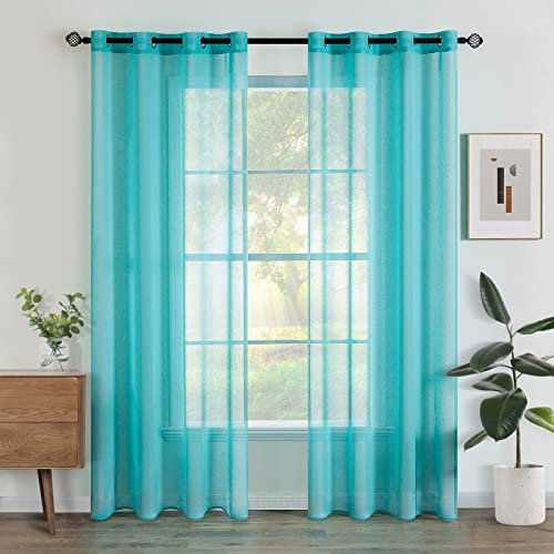 Woaboy Voile Gardinen Vorhänge Transparent Wohnzimmer mit Ösen Stores Gardinen Schlafzimmer Ösenvorhang Scheibengardine Schlaufengardinen Modern 2er Set 140x225 cm (B x H) Türkis