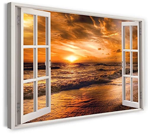 Printistico Bilder Fensterblick 120x80cm Baumwoll-Leinwand auf Keilrahmen mit Aufhänger moderner Kunstdruck XXL Wandbilder Wand-Dekoration Sonnenuntergang Meer Strand Urlaub Sommer - Natur-Fotografie