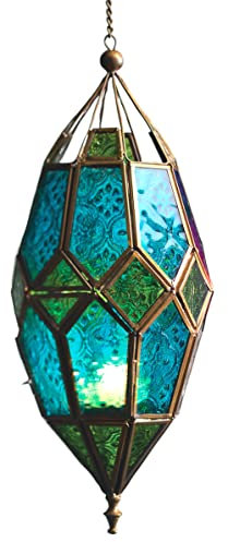 Farol colgante de cristal estilo marroquí (grande verde/azul)