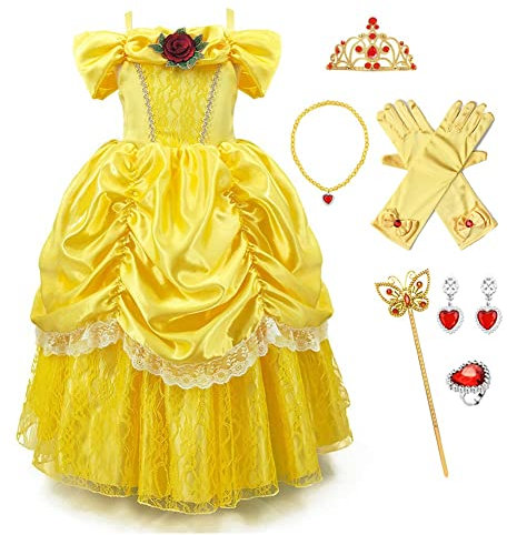 FMYFWY Costume da Principessa Belle Ragazze Bellezza e la Bestia Carnevale Costumi Vestito da Festa Fantasia Vestono Natale Halloween Compleanno Cerimonia Abiti con Accessori 6-7 anni