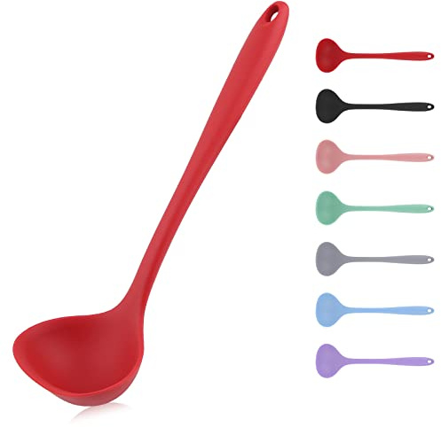 Red Silicone Soup Spoon, Non-stick Gravy Ladle with Non-slip Handle