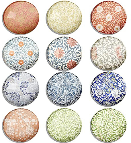 Berkin Arts 12Pcs Cute Round Crystal Glass Strong Magnetic Refrigerator Magnet Fridge Sticker Flower Floral Fashion Retro Small Gift for Whiteboard William Morris Series