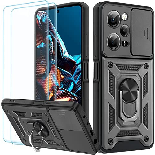Yohii Funda para Xiaomi Poco X5 Pro 5G / Xiaomi Redmi Note 12 Pro 5G 6.67 Carcasa, 2 Pack Cristal Templado, Protección Cámara con 360 Anillo Soporte PC y Silicona TPU Case - Negro