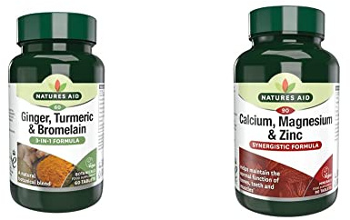Natures Aid Ginger Turmeric Bromelain, 60 Tablets & Natures Aid Calcium, Magnesium and Zinc, Maintain Normal Bones, Teeth and Muscle Function, Vegan, 90 Tablets