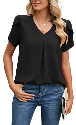 Famulily Ladies Summer Chiffon Blouses Women's V Neck Short Sleeve Tunic Tops T Shirt for Leggings Black M