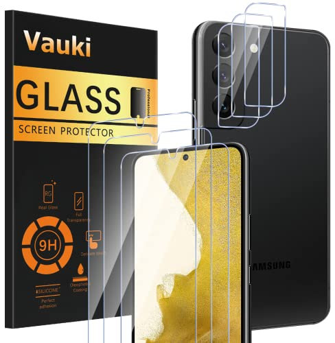 Vauki - Juego de 3 protectores de pantalla de cristal templado para Samsung Galaxy S22 5G con cámara protectora de pantalla de 3 piezas, HD protector de pantalla, 9H dureza, antiarañazos, sin