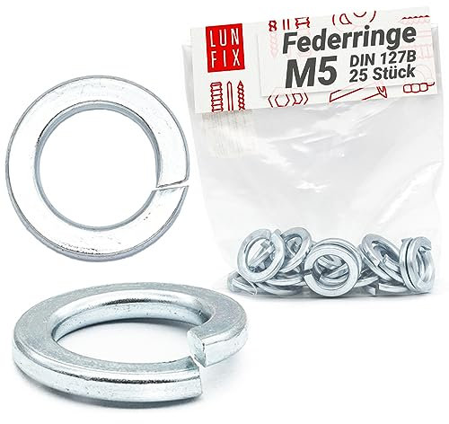 Lun Fix Federringe M5 DIN 127 |25 stk.| verzinkter Stahl Spiralförmige Federscheibe, Federring form B, Federscheiben für Schrauben Gewindestange, Federsicherungsscheiben mit rechteckigem querschnitt