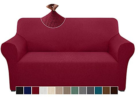 Granbest Überprüft Couchbezug für 2 Kissen Couch Hohe Dehnung Sofabezug 2-Sitzer Waschbare Sofaschutz für Hunde Haustiere Rutschfester Möbelschutz (2-Sitzer, Weinrot)