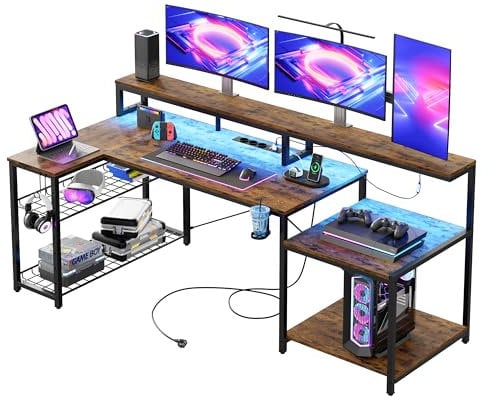 Bestier Gaming Tisch, 181x80 cm Schreibtisch mit LED-Leuchten, L-förmiger Schreibtische mit 3 AC-Steckdosen und 2 USB Ladeanschluss, Computertisch mit großzügiger Monitorablage, Braun