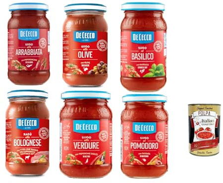 Italian Gourmet Sugo misto, Salsa pronta italiana 6 x 190g Glas-Saucen-Mix | Sei ricette: Pomodoro, Basilico, Arrabbiata, Olive, Verdure, Ragù, Gesamtnettogewicht 1,14 kg + Kostenlos Polpa 400g