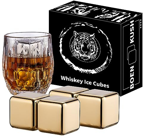 4 Große Whiskey Steine 64cm³ - Mann Geschenkset - Wiederverwendbare Edelstahl Metall Eiskugeln Würfel Getränk Chilling Rocks Whiskey Steine für Rotwein, Bar Bier, Scotch, Wodka Getränke - Gold