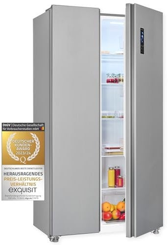 Exquisit® Frigorífico Side-by-Side 442L, Inoxlook, Clase E, Tecnología No-Frost, Control Digital, Modo Super-Refrigeración, Alarma de Puerta, Medidas (177,0 x 91,0 x 59,0 cm)