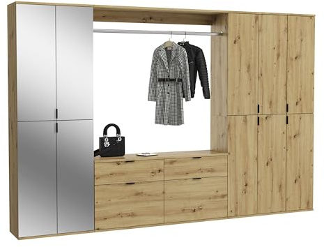 xonox.home Systemmöbel Projekt X 4tlg. Kombination Garderobe Ankleidezimmer Schranklösung Büro Ordnungssystem in Front Artisan Eiche Nb./Spiegel Korpus Artisan Eiche Nb., ca.273x193x34cm