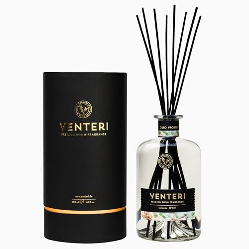 Venteri Oud Wood Raumduft 500ml, Natürlich Duftender Raumduft Diffuser mit 8 Duftstäbchen in Einer Hochwertigen Flasche mit Raumduft Vanille, Rose, Oud, Safran, Jasmin, Guajakholz und Patschuli Duft