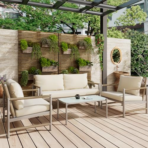 Polyrattan Gartenlounge Set, Gartenmöbel Set Balkonmöbel für 3-4 Personen, Gartenlounge Sitzgruppe mit Kissen und Glastisch,Terrassenmöbel-Set für Garten Balkon und Terrasse