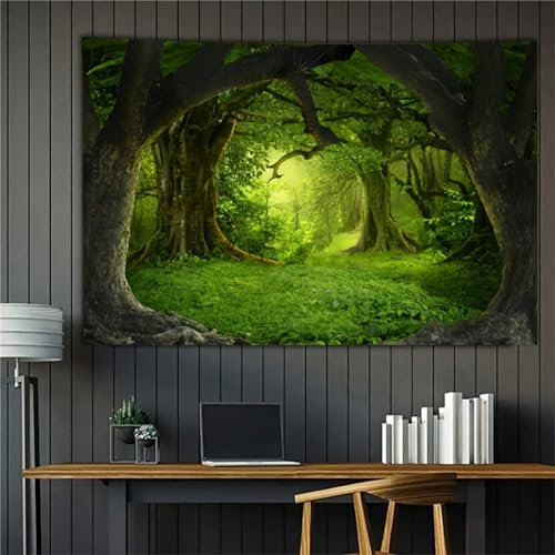 Arsey Wandteppich Wald Wandtuch Baum Wand Teppich Tapisserie Nebel Wandbehang Gras Natur Landschaft Wandteppiche Wandtuch Boho Deko Schlafzimmer, Grün, 200x150cm