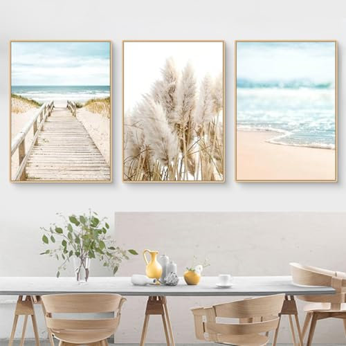 Herfair 3er Poster Set, Boho Beige Natur Strand Pampasgras Bilder, Modern Wandbilder Wanddeko, Vintage Bilder Deko für Wohnzimmer Schlafzimmer-Ohne Rahmen (50x70cm)
