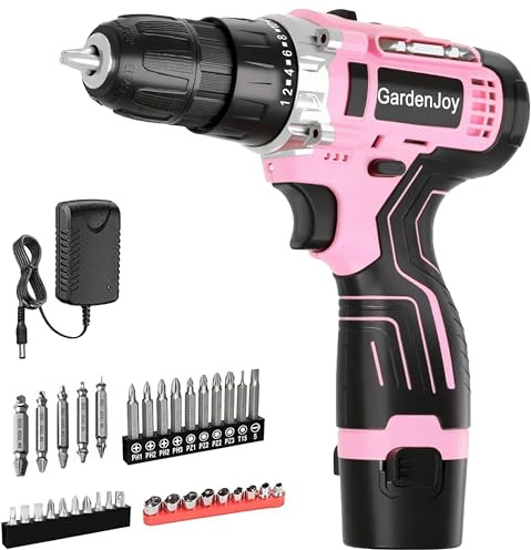 GardenJoy Cordless Power Drill Set: 12V Electric Drill with Battery and Charger, 65pcs Acessories, 3/8 Keyless Chuck, 2 Variable Speed, 24+1 Position, Compact Drill Driver Kit for Home & DIY Project