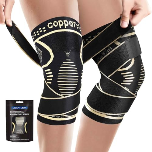 Kupfer Kniebandage für Damen/Männer [2er Set ], Einstellbares Kompression Kniestütze mit Riemen, Medizinischer Knieorthese für Meniskusriss, Arthritis, Linderung von Knieschmerzen, ACL, Laufen, Sport