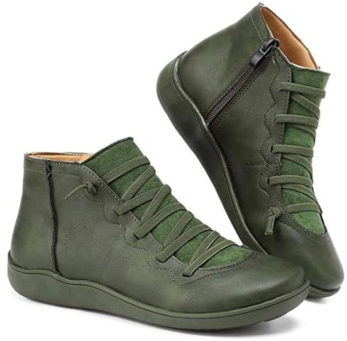 Nbzsmlkn Botines Mujer Vintage Retro Con Cordones Y Cremallera Lateral A La Moda, Botines Planos De Tacón Bajo Cómodos (Verde,37)