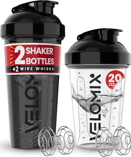 VELOMIX -2 Pack- 20 oz Protein Shaker Bottles for Protein Mixes - 2x Wire Whisk | Leak Proof Shaker Cups for Protein Shakes and Pre Workout | Protein Shaker Bottle Pack (1) Small & Large