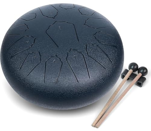Tuokrisa Steel Tongue Drum 12 Inch 13 Notes Hand Drums, Bag, Music Book, Drumsticks, Mallet Holder and Finger Paddles, Musical Education Entertainment Camping Yoga Meditation Zen Gifts (Navy Blue)