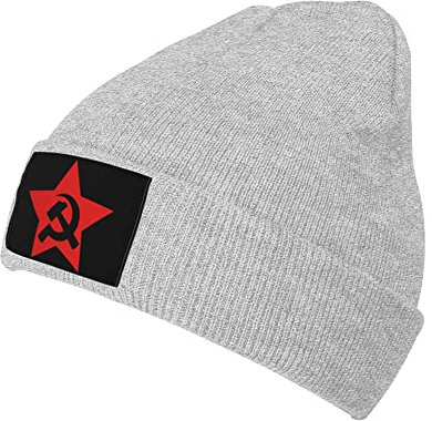 Communist UdSSR Hammer Sichel und Stern Cuffed Beanie für Herren und Damen, Strickmütze, Wintermütze, grau, Einheitsgröße