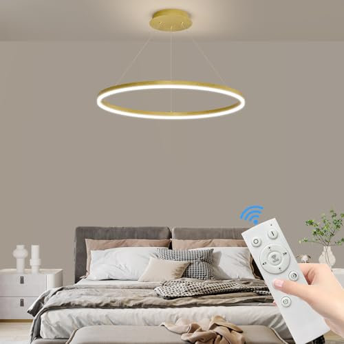 Mikeru 60cm Moderne Pendelleuchte LED, Dimmbar Pendelleuchte mit Memoryfunktion 10% Bis 100% Hängelampe Esstisch 3000k/4500k/6500k Gold Pendelleuchte 1 Ringe für Esszimmer, Wohnzimmer