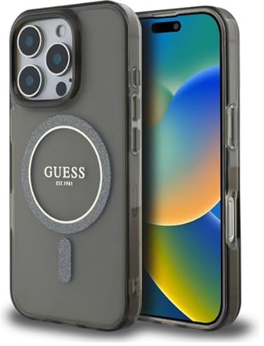 Guess Fixed Glitter MagSafe Compatible Phone for iPhone 16 Pro Max, Smokey/Black