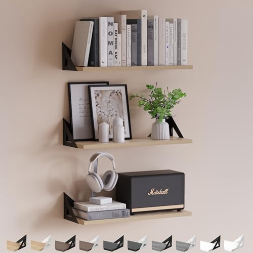 DINIAL Wall Mounted Floating Shelves for Wall Set of 3, Shelf Bookshelf for Bedroom Living Room Office Bathroom Kitchen Rustic Wood with Metal Bracket 02H-03 (Light Brown/Black Brackets)