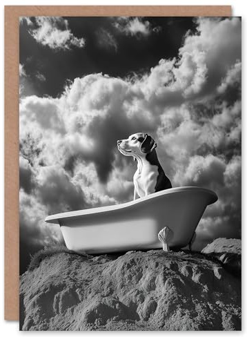 Artery8 Greeting Card Dog Lover Beagle Bathtub Black White Atmospheric Blank For Him Or Her Art Birthday Card