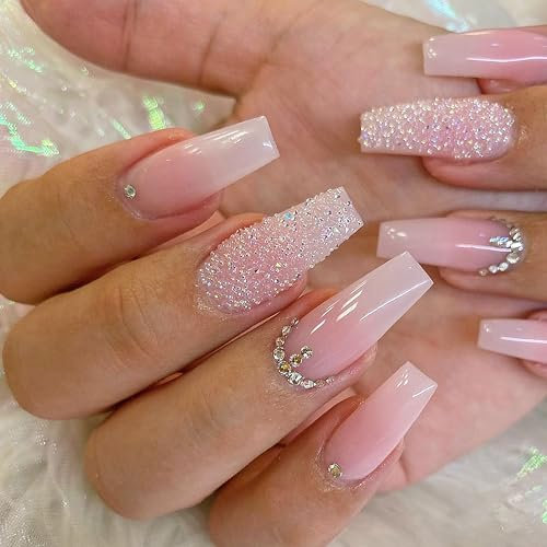 24 Stück Rosa Glitzer Ombré Kunstnägel - Vollabdeckung Nägel zum Aufkleben - Fake Nails Fingernägel zum Aufkleben Acryl Full Cover für Frauen Mädchen Nail Art Maniküre (Rosa Ballerina)