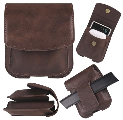 CCSmall for Samsung Galaxy Z Flip 6 5 4 3 Holster Case with Belt Clip, Phone Pouch with Earbuds Pouch Leather Belt Loop Case Cover for Motorola Razr 2023 2024 2025 40 50 60 Ultra SJB Brown