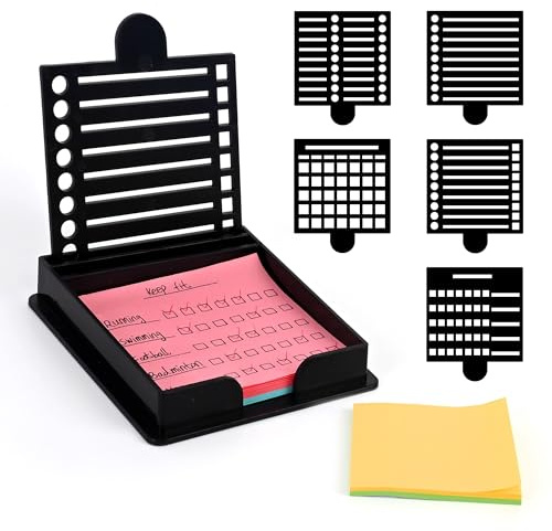 JANLOVE Sticky Note Holder Compatible with Post It Notes, 3x3 Sticky Note Stencil Dispenser with Template, Memo Pad Organizer with Five Line Box Drawing Template for Home and Office